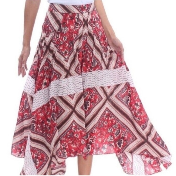 FREE PEOPLE Paradise Midi Handkerchief Skirt Pimento Combo Boho Bohemian Size 10 - Picture 1 of 12